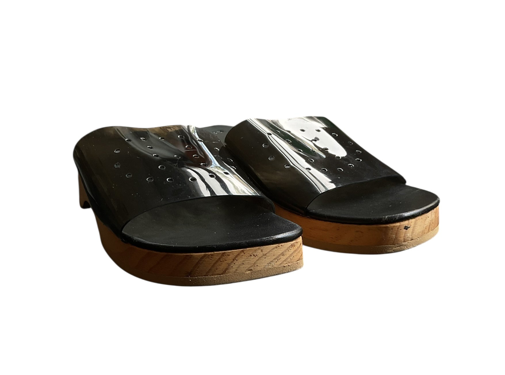 Hermes "H" Perforated Jelly Strap Wood Mules - Size 8