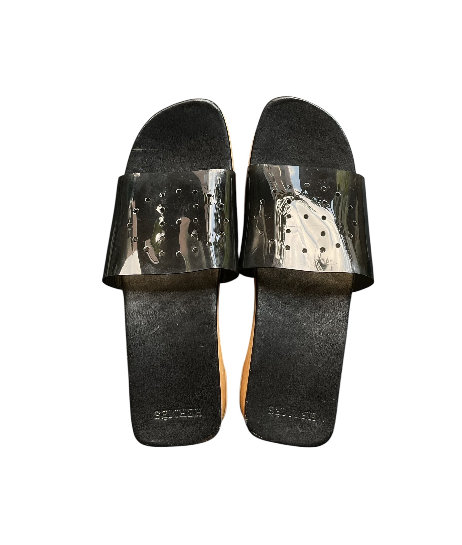 Hermes "H" Perforated Jelly Strap Wood Mules - Size 8