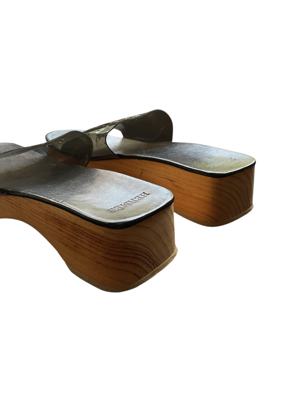 Hermes "H" Perforated Jelly Strap Wood Mules - Size 8