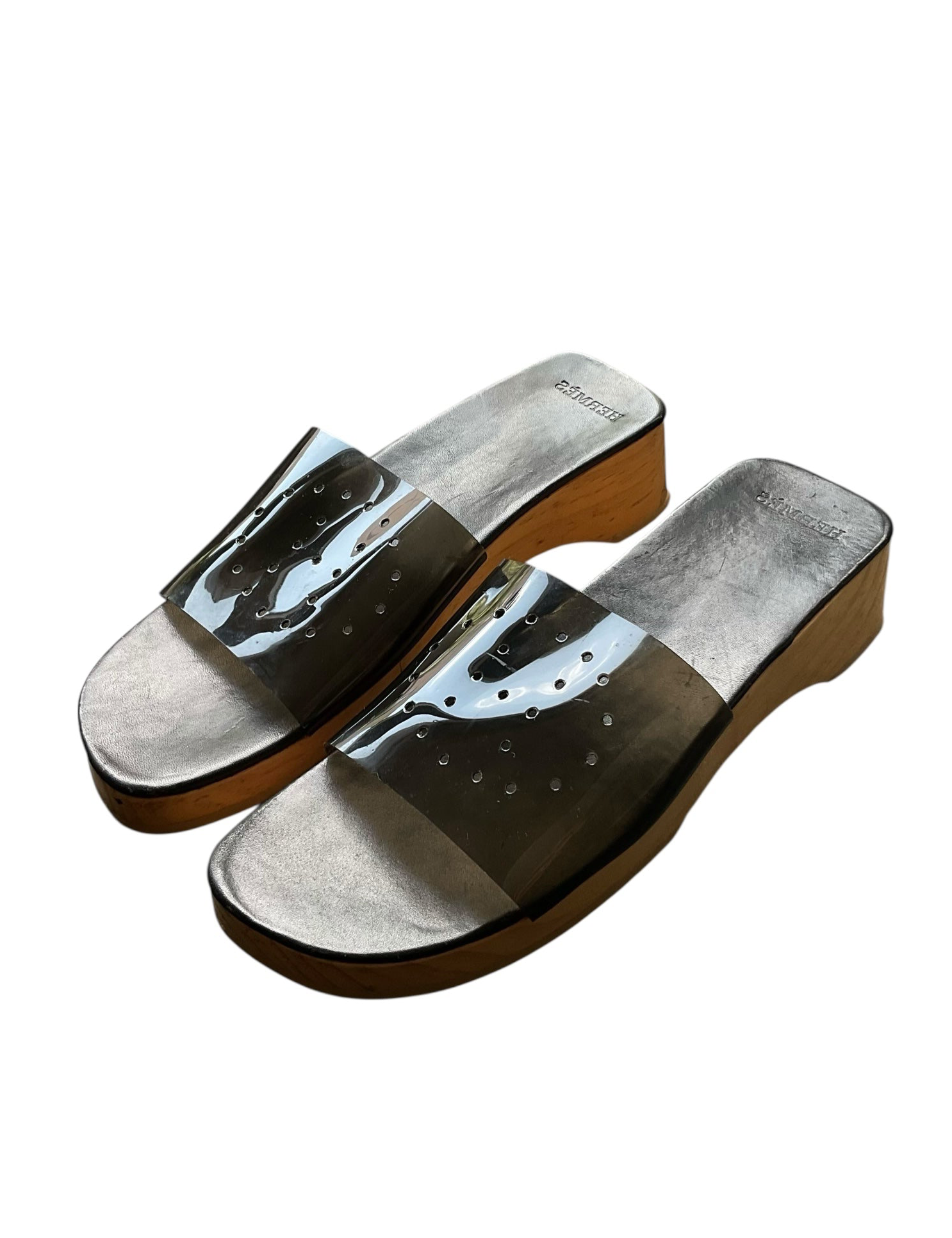 Hermes "H" Perforated Jelly Strap Wood Mules - Size 8